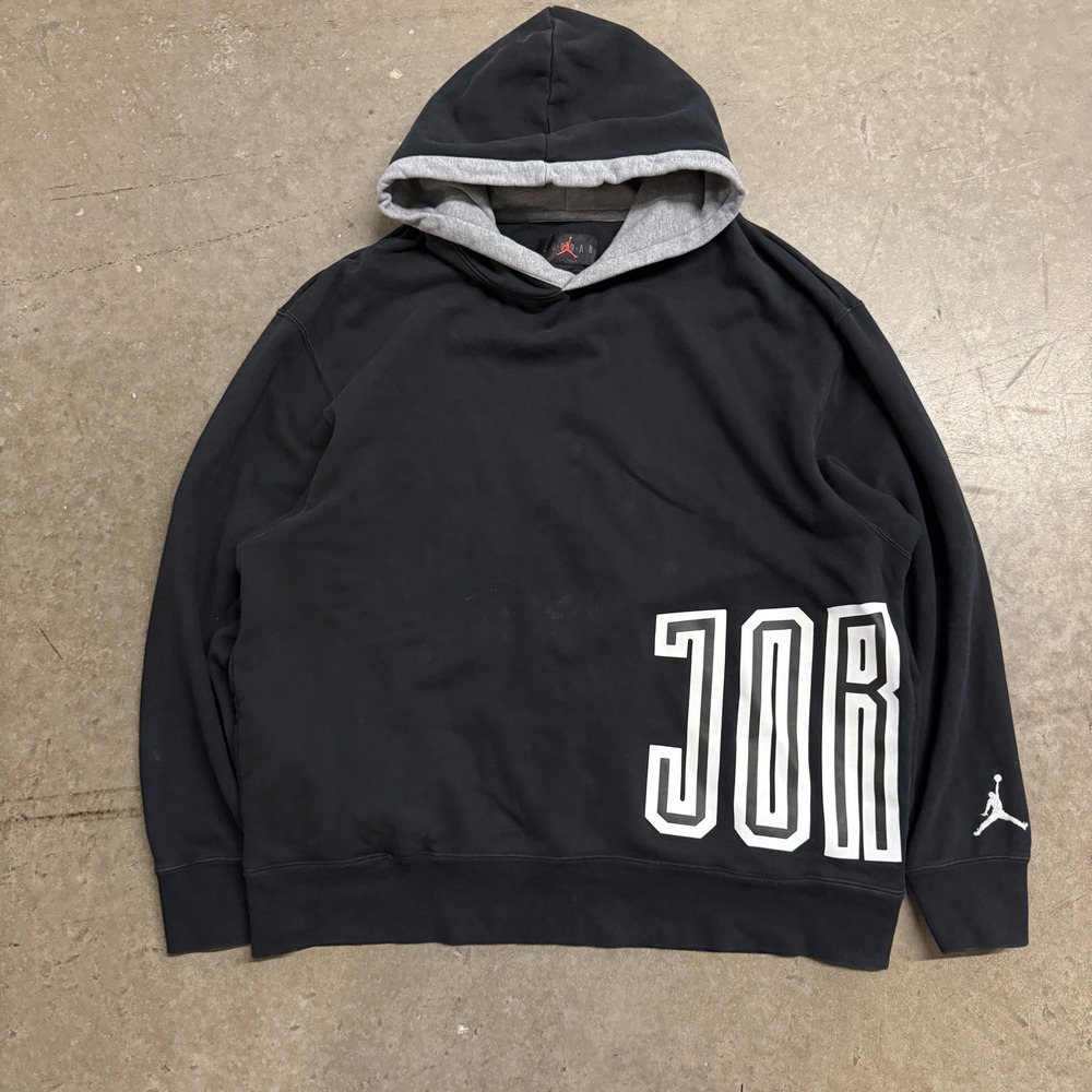 Jordan Mens XXL Black Graphic Pullover Hoodie Jumpman Logo Grey Hood Sweatshirt